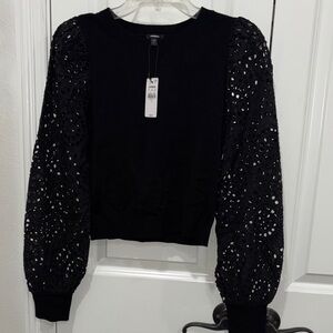 Express Black Crew Neck Sweater with Lace Sleeves